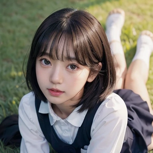 Realistic、8k、Full body portrait、cute１Girl Girl、 Japanese、Sheer Bangs、Straight short hair、 Small breasts、((Tan Skin:1.2))、 (((Round face:1.3)))、((Thin double eyelids))、Dark brown eyes、Flat face、A round nose that is not high、 Japanese School Uniform、A bright student-like smile、Navy Blue Blazer、Navy blue panel skirt that covers the knees、White knee socks、Black sneakers、Lie on your back on the grass in the park、Gazing at the audience、Top view of face