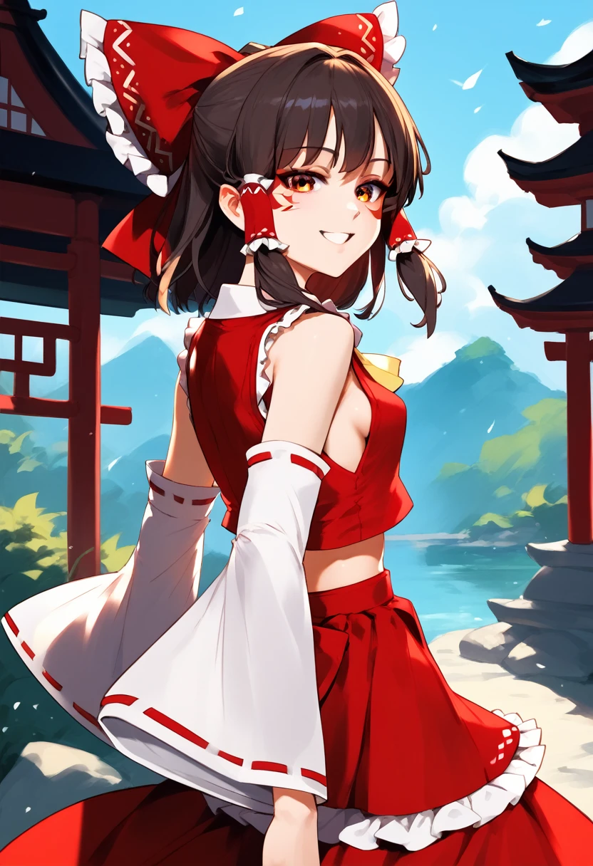 (masterpiece), (Best quality), (Very detailed), (high resolution), (8Khighres), (cel anime), (detailed beautiful face and eyes), (textile shading), (cowboy shot), (Shrine), hakurei_reimu,1girl,solo,detached sleeves,hair bow,red bow,ascot,hair tubes,skirt,frills,red skirt,yellow ascot,wide sleeves,standing,frilled bow,red shirt,frilled skirt,ribbon-trimmed sleeves,frilled shirt collar,bare shoulders,red vest,petticoat,nontraditional miko, small breasts, beautiful breasts, smile, jump, looking back, from behind,,