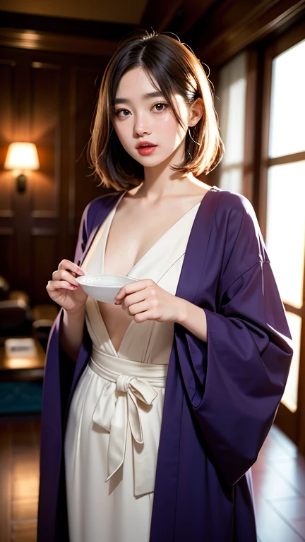  She wears a regal purple robe with silver embroidery of dragons and clouds,massive k-cups.