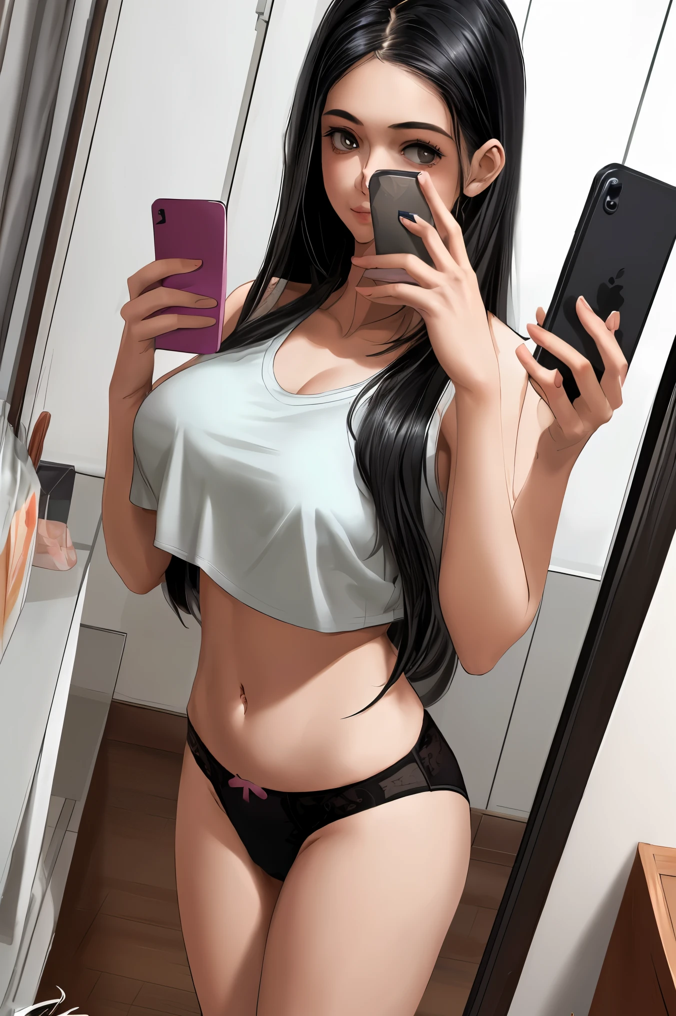woman taking a selfie in black lingerie, sexy look at the camera, sexy look, 18 years old, slight smile, exciting and alluring, looking at the phone, dark hair, dark eye makeup, black eyes, standing in the room, yellow walls