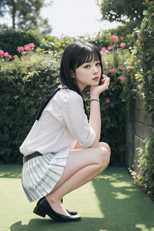 masterpiece, Best Quality, Surreal, Movie Photos,  woman, Pale skin, 日本の素晴らShiiスリムボディ, blouse, Black pleated skirt, White panties, Short black hair, Big legs, Perfect hands, 美Shii顔, Perfect Face, like々Shii, (blured background), Modern Style, from behind, from below, (low-angle shoot), Underskirt shot, squat, Skirt flip,low_angle_human, (Show Viewer), Staring at the viewer, (8k, A magnificent composition, Realistic, Sharp focus), Sophisticated Background, Garden Background, Digital SLR, Foil Grain, Backlight