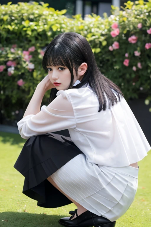 masterpiece, Best Quality, Surreal, Movie Photos,  woman, Pale skin, 日本の素晴らShiiスリムボディ, blouse, Black pleated skirt, White panties, Short black hair, Big legs, Perfect hands, 美Shii顔, Perfect Face, like々Shii, (blured background), Modern Style, from behind, from below, (low-angle shoot), Underskirt shot, squat, Skirt flip,low_angle_human, (Show Viewer), Staring at the viewer, (8k, A magnificent composition, Realistic, Sharp focus), Sophisticated Background, Garden Background, Digital SLR, Foil Grain, Backlight