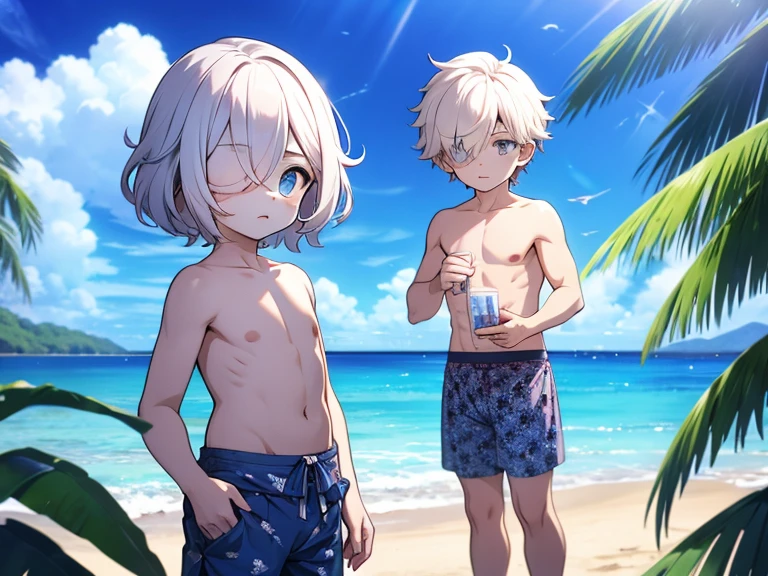 Cute shota boy hair covering one eye swimming trunks beach wallpaper 