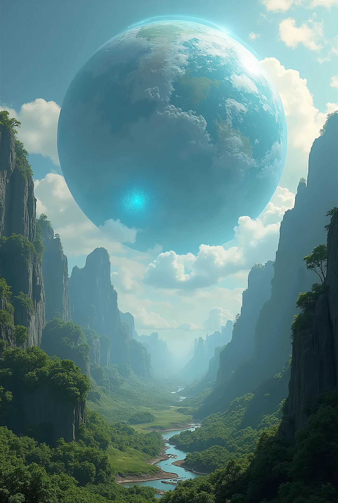 detailed fantasy landscape, giant-sized earth, surreal, hyper-realistic, cinematic lighting, dramatic atmosphere, volumetric fog, lush vegetation, rocky terrain, floating islands, ancient ruins, glowing energy field, hyperdetailed textures, vibrant colors, dramatic shadows, photorealistic, 8k, best quality, (masterpiece:1.2)