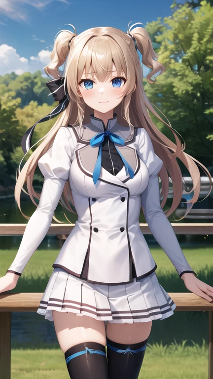 masterpiece, best quality, highres, 1girl, solo, long hair, blonde hair, two side up, (hair ribbon:1.1), blue eyes, neck ribbon, school uniform, white jacket, juliet sleeves, long sleeves, white skirt, thigh ribbon, black thighhighs, outdoors, cowboy shot, standing,