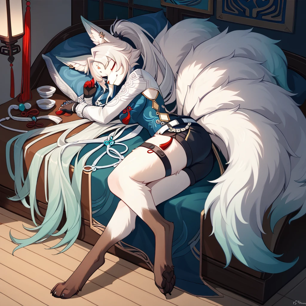 Female anthro white kitsune,(FeixiaoDefault, animal ears, long hair, ponytail, gradient hair, white hair, blue eyes, forehead jewel, ear piercing, tassel hair ornament, tassel earring, blue shirt, chinese clothes, brooch, red tassel, white coat, black gloves, fingerless gloves, white belt, blue waist cape, black shorts, thigh strap,(sleeping on a bed),(midnight),(night cruise ship room),(full room view:1.5),((fox tail)), ((nine fox tails:1.5)),smiling, (white body fur:2),(digitigrade:1.5),(brown paws)