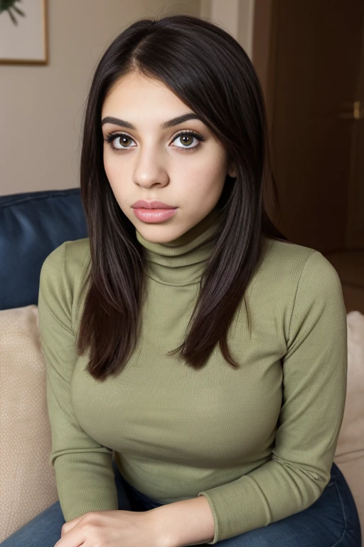 (Female Persian ten), close up, Hijab, (huge lips, fake lips), gorgeous, long sleeved turtleneck shirt, sitting in a living room, Strong blushing cheeks, shocked expression, skinny, anorexic, slender, petite, hiding arms behind back, big boobs, young, youthful