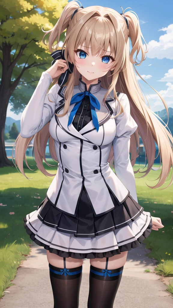 masterpiece, best quality, highres, 1girl, solo, long hair, blonde hair, two side up, (hair ribbon:1.1), blue eyes, neck ribbon, school uniform, white jacket, juliet sleeves, long sleeves, white skirt, thigh ribbon, black thighhighs, outdoors, cowboy shot, standing,