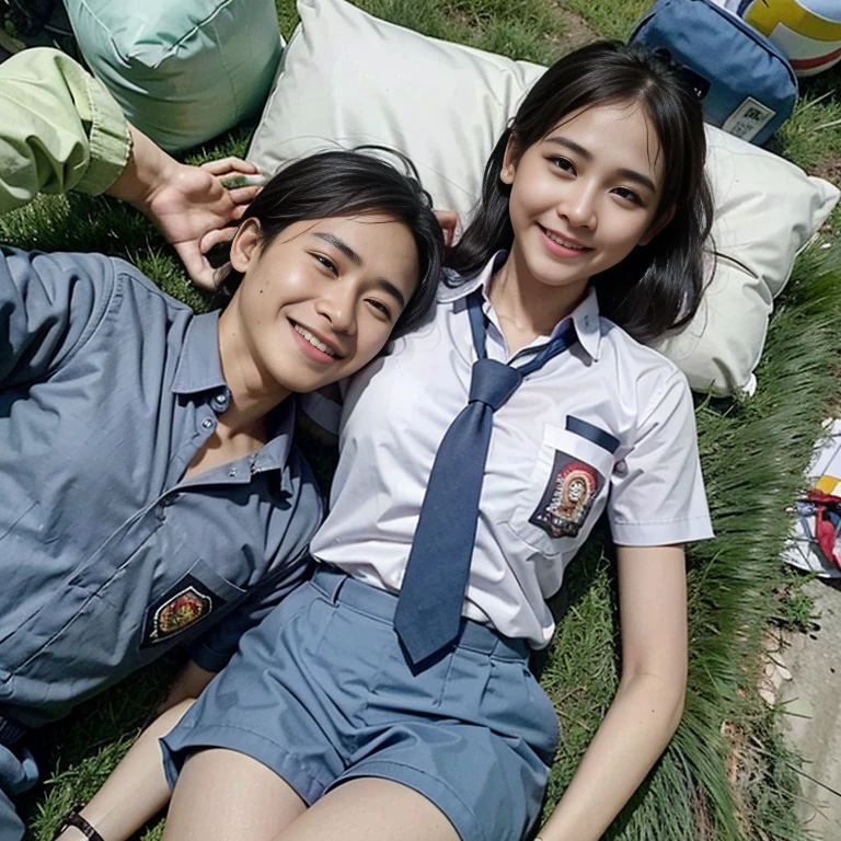 romantic couple. an Indonesian man lying on river, it is raining On the right and left sides of the river, there are lush grass, laughing cheerfully, there was a woman sitting smilling is seento try to bite the zipper of the man's pants with her teeth. in indonesian high school uniforms with white tops and gray bottoms, blank gray tie. 4k. ray tracing. high resolution realistic