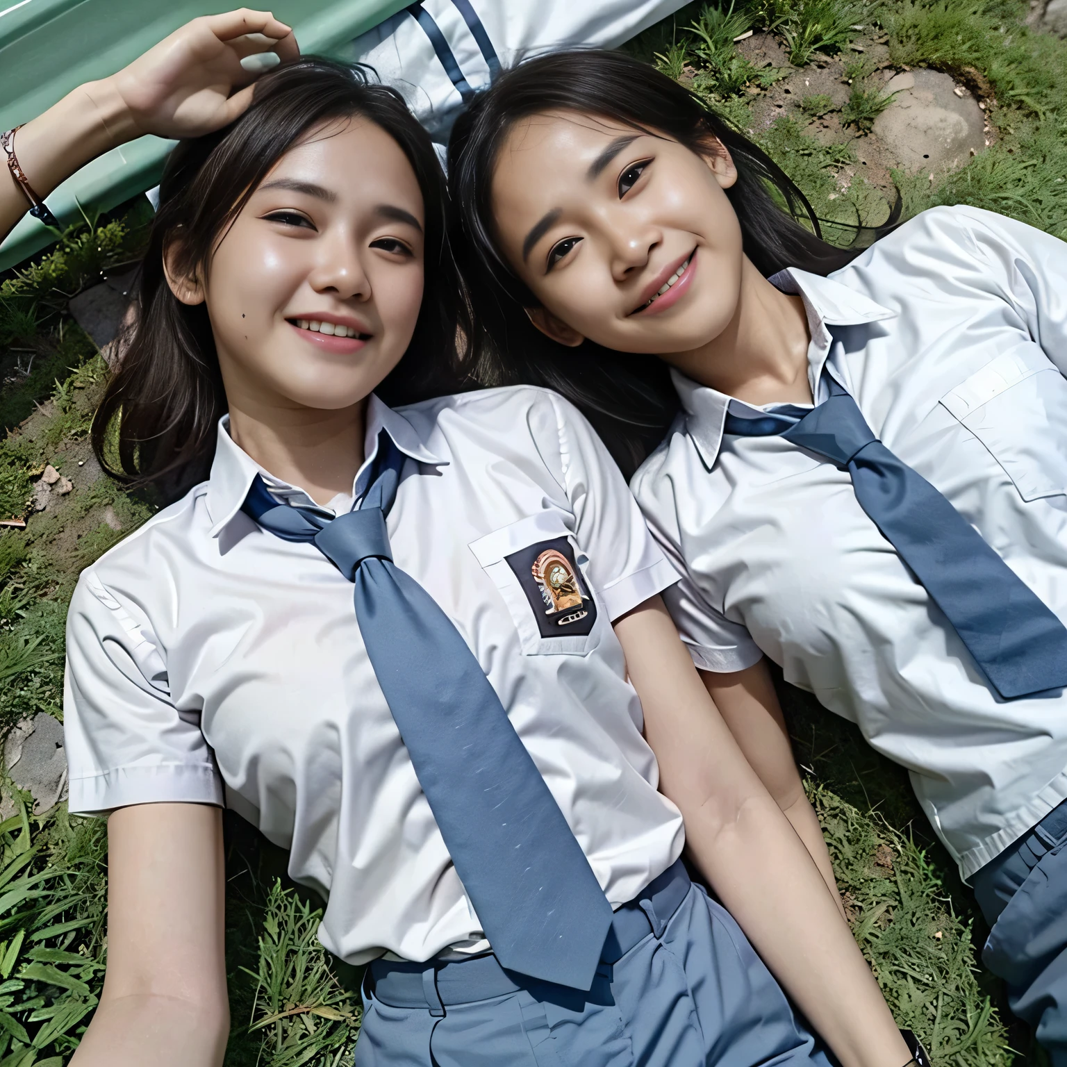 romantic couple. an Indonesian man lying on river, it is raining On the right and left sides of the river, there are lush grass, laughing cheerfully, there was a woman sitting smilling is seento try to bite the zipper of the man's pants with her teeth. in indonesian high school uniforms with white tops and gray bottoms, blank gray tie. 4k. ray tracing. high resolution realistic