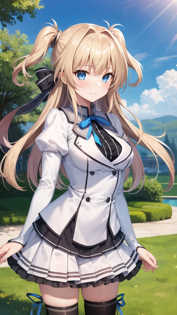 masterpiece, best quality, highres, 1girl, solo, long hair, blonde hair, two side up, (hair ribbon:1.1), blue eyes, neck ribbon, school uniform, white jacket, juliet sleeves, long sleeves, white skirt, thigh ribbon, black thighhighs, outdoors, cowboy shot, standing,