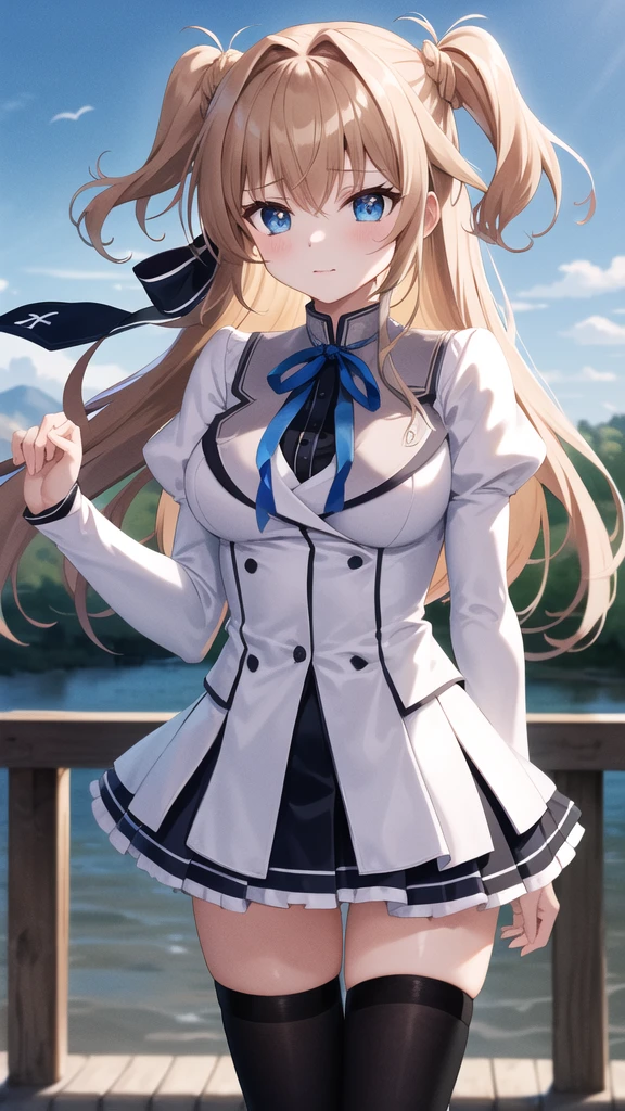 masterpiece, best quality, highres, 1girl, solo, long hair, blonde hair, two side up, (hair ribbon:1.1), blue eyes, neck ribbon, school uniform, white jacket, juliet sleeves, long sleeves, white skirt, thigh ribbon, black thighhighs, outdoors, cowboy shot, standing,