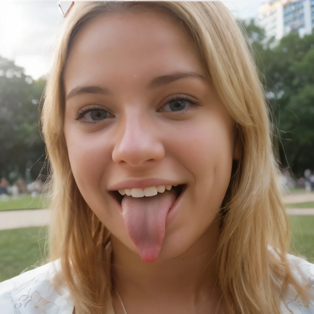 Japanese woman, beautiful girl, gal, blonde, , highest quality realistic skin, eyes in focus, 20 years old, sticking out tongue, focus on mouth, open mouth, long tongue, saliva, open mouth wide, inside of mouth visible, open mouth and sticking out tongue