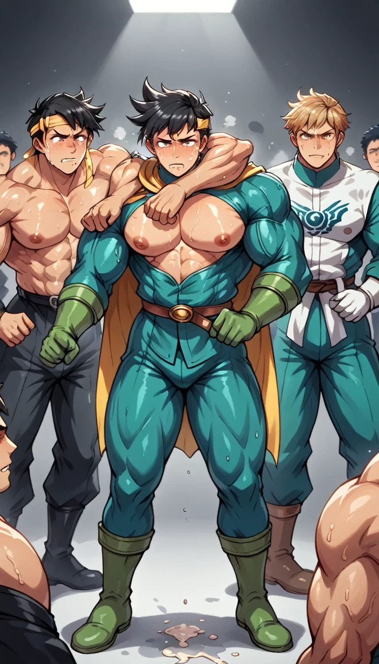 ((((body fluid,Detailed Sweat, Drops of sweat)))),Popp,black hair, brown eyes,Headband,gloves,green gloves,belt,boots,cape,Judo Hall,(Front View:1.2),Rubber Suit,(((Huge muscles,Huge erect penis))),Lying in bed, man, sex, standing, man hug boy’s knees from back, man hold boy, breasts, nipples, both legs up, open legs, best quality, very aesthetic, ultra-detailed, best illustration nsfw, sweat, steam, male ,Orgy,Crying face,Suffering face,Drooling,