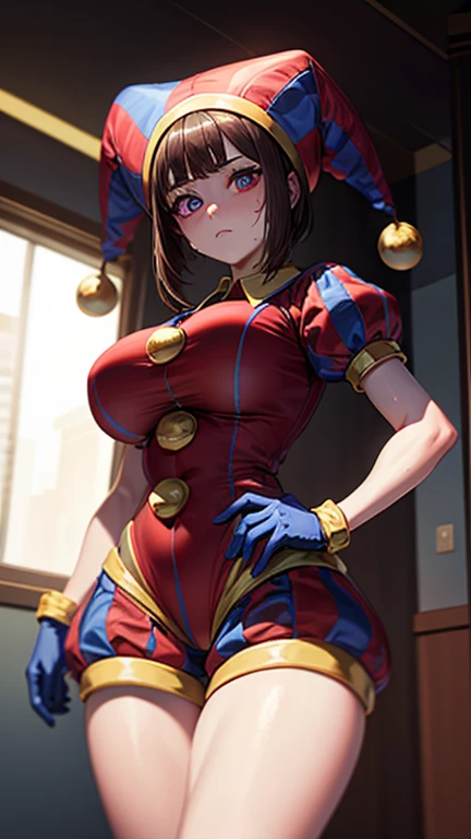 High quality masterpiece, (Unreal Engine), reality:1.8, Ultra-high resolution, Rich contrast, super high quality, 8k, High definition texture, Incredible absolute resolution, Advanced Settings, colorful, Clear images, Sharp focus, Digital Blending, (Hasselblad Photos, Dynamic Angle),

1 girl, pomni, The Amazing Digital Circus, Big Breasts, Jester Cap, gloves, Puff short sleeves, Red eyes and blue eyes, Striped, My clothes are sticky with sweat, Dynamic pose, 

indoor, in The Amazing Digital Circus, 