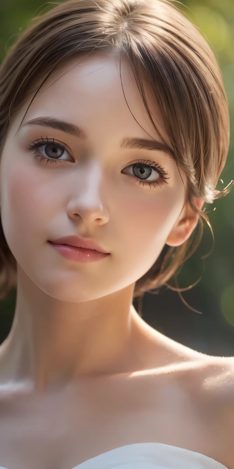 (looking away:1.4), (upper body shot:1.2), Realistic digital painting of a woman portrait, Shy, Cute, open mouth to say something, sad, blue eyes, (half updo:1.1), (light brown brunette hair:1.3), bangs, (Highly detailed skin:1.2), Mystical style, Global Illumination,