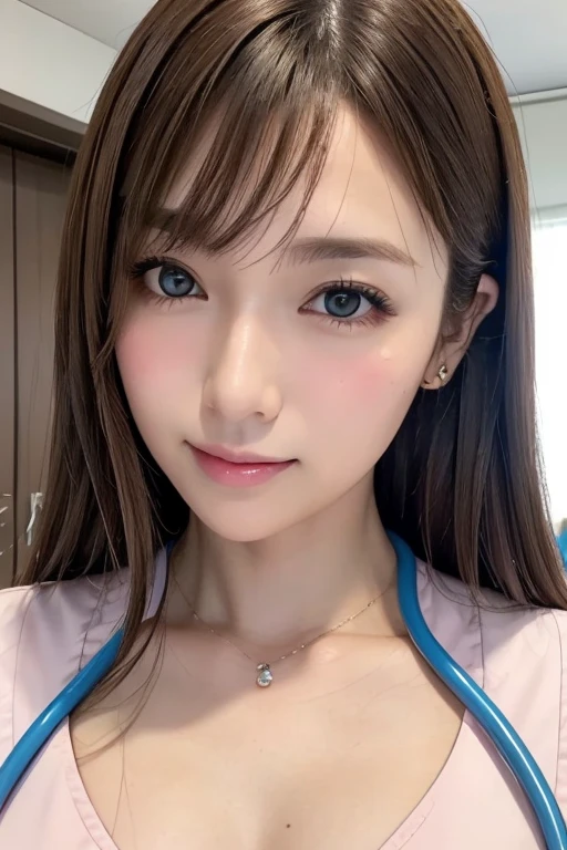 (Tabletop:1.4, Photorealistic:1.4, 8k), Please redeem, masterpiece, Ultra-high resolution, Perfect Dynamic Configuration, Big Face、Round face、((Light brown hair:1.4、Half Up:1.4))、Detailed skin and face textures:1.3, Limb details, Cute and sexy 30 year old Japanese nurse, (Sunburned skin:1.2), ((It will totally charm you:0.9)), Hospital examination room, Stethoscope, ((Light pink nurse costume:1.4,)),(Clevis, Medium Chest), (Look away、Beautiful Eyes, Black Eyes, Beautiful erotic eyes:0.85), Sexy Face:0.4, (Mouth closed、Small Mouth、Thick lips、A taste of beautiful eroticism:0.85), ((So cute beauty:0.9))、Natural Makeup, Taken from above,  Look Up