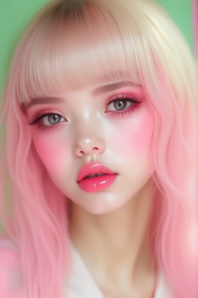 (detailed), studio lighting, hyper detailed, realistic portrait, Perfect Face.1  girl, 、Blue eyes with well-defined double eyelids and long eyelashes, in the white girly dressroom backdrop, realistic face, detailed skin, Pink tips black long bob hair 、bangs covering forehead, extremely detailed lips, large mouth, full, plump, glossy light pink lips, natural-looking makeup, transparent lip gloss, with girly style tops, photorealistic, ((Best Quality)), ((masterpiece)), high quality, 8k, masterpiece