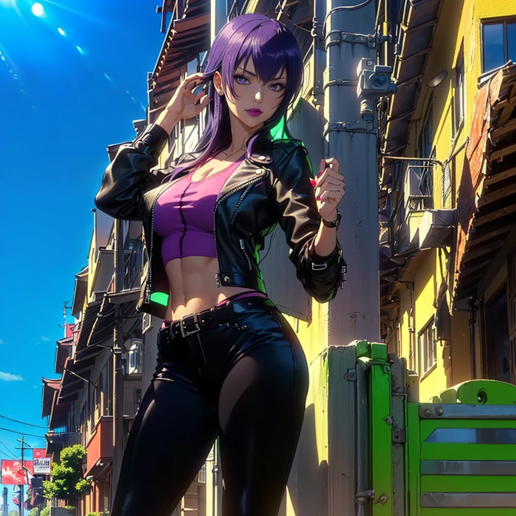 ((1girl, solo ,alone)), ((solo, 1woman, (busujima saeko, purple hair, long hair, purple eyes, pink lipstick, woman, lipstick), Extremely detailed, ambient soft lighting, 4k, perfect eyes, a perfect face, perfect lighting, a 1girl)), ((solo, (1woman, lipstick), Extremely detailed, ambient soft lighting, 4k, perfect eyes, a perfect face, perfect lighting, a 1girl)), , ((fitness,, shapely body, athletic body, toned body)), (( biker woman, rocker woman, punk woman, black jacket, leather jacket, black pants, leather pants, belt, city, park, square, trees, buildings, sunny day, smug, sunset))