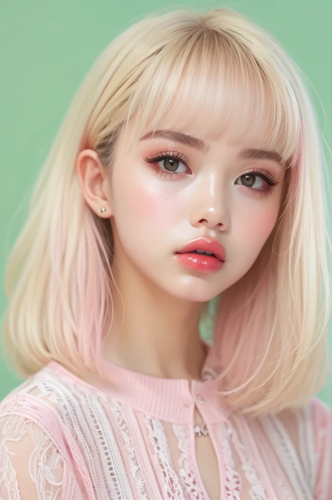 (detailed), studio lighting, hyper detailed, realistic portrait, Perfect Face.1 teenage girl, 、Blue eyes with well-defined double eyelids and long eyelashes, in the white girly dressroom backdrop, realistic face, detailed skin, Pink tips black long bob hair 、bangs covering forehead, extremely detailed lips, large mouth, full, plump, glossy light pink lips, natural-looking makeup, transparent lip gloss, with girly style tops, photorealistic, ((Best Quality)), ((masterpiece)), high quality, 8k, masterpiece