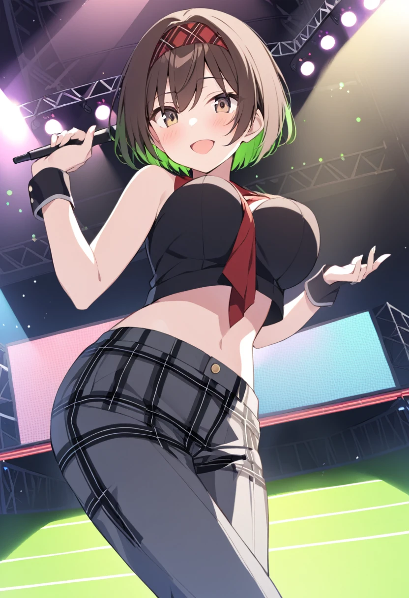 kudokanae, green eyes, short hair,, Black hair, hair ribbon,, large breasts, live stage, solo, nsfw naked