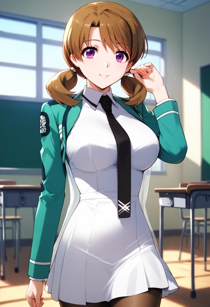 (masterpiece), (Best quality), (Very detailed), (high resolution), (8Khighres), (cel anime), (detailed beautiful face and eyes), (textile shading), (cowboy shot), (classroom), (soro), honoka mitsui, bangs, brown hair, twintails, purple eyes, low twintails, long sleeves, dress, school uniform, pantyhose, necktie, white dress, black necktie, beautiful breasts, walking, smile, hand in own hair,,