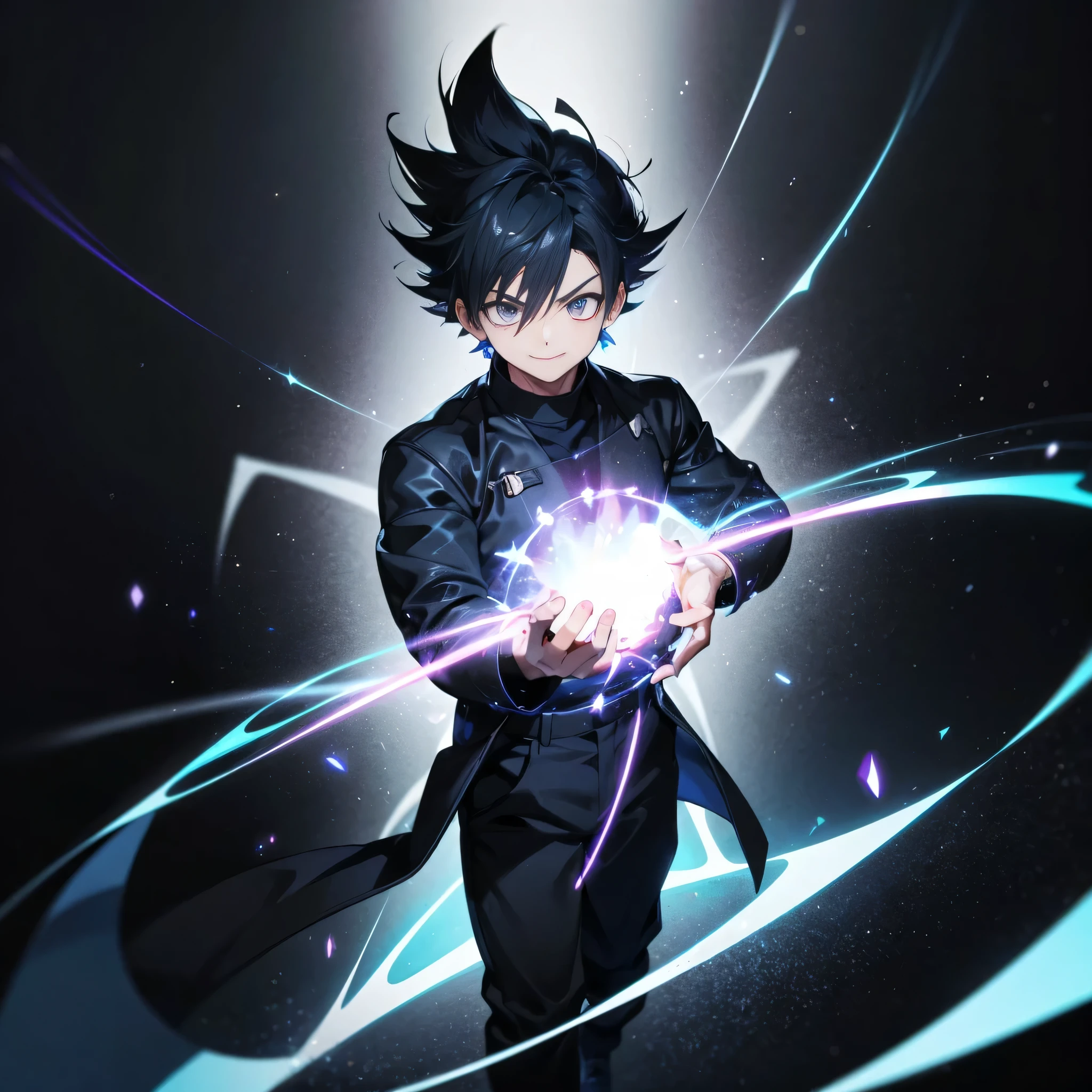 Create a cartoon-style anime character of a smiling boy with black hair and gray eyes, wearing a black outfit. The boy should have an intense aura surrounding him, similar to Goku Black's, with a deep purple aura overlaid by a shimmering silver-blue aura, reminiscent of Ultra Instinct. The aura radiates powerful energy, creating a dynamic and mysterious vibe, with the boy standing confidently, exuding a sense of calm strength.