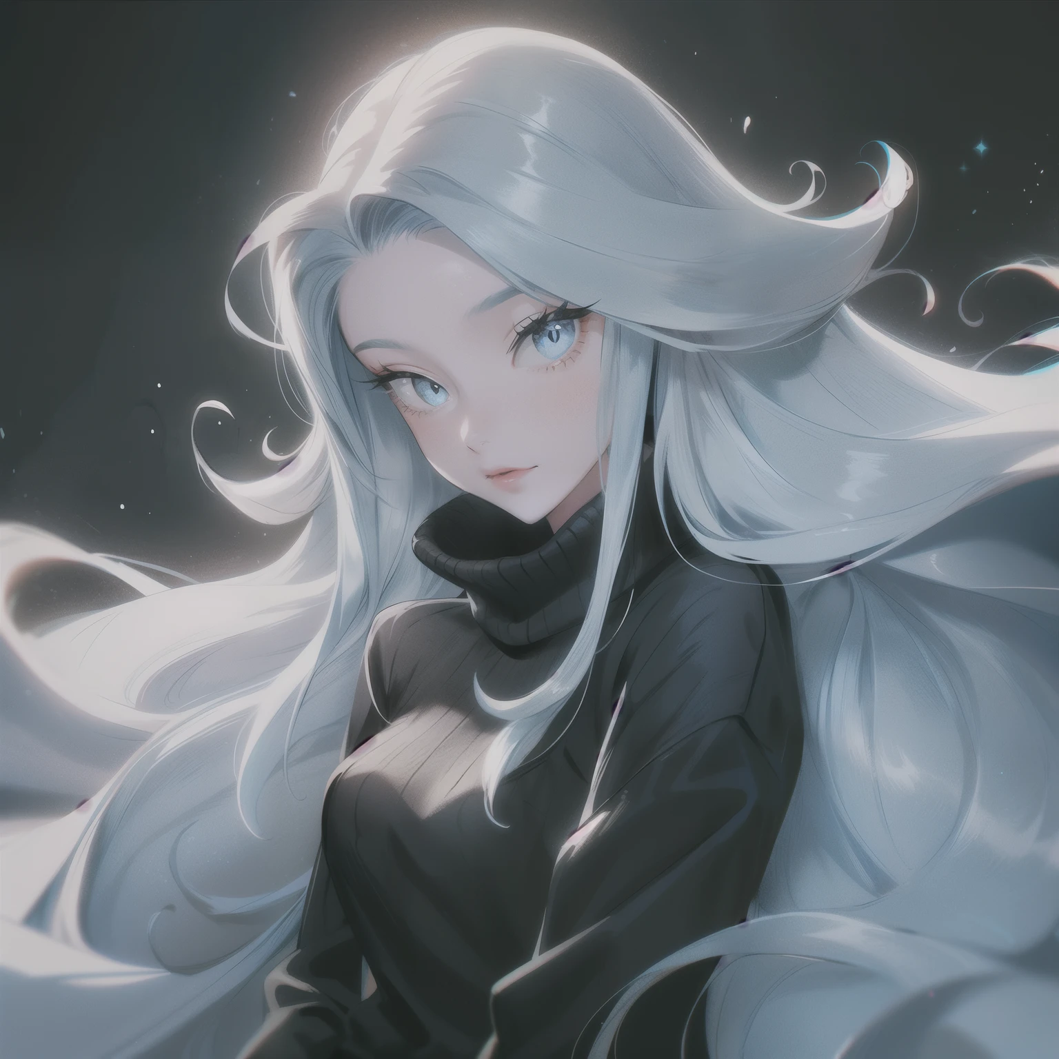 Girl with long hair, light blue highlights, girl wearing a black sweater, adult age, medium size beast, girl with black fade