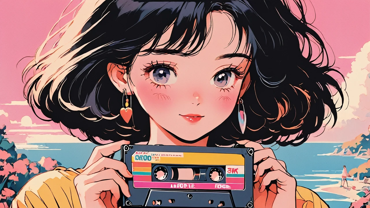 2000s anime style, 2000s style, Of course, 2000s style, (blush:1.7), the highest quality, 8K, 1 woman, Alone, Chica Lofi, Arte Lofi, lo-fi feeling, wearing clothes from the 2000s, superior shot, close up, smiling, ojos marrones Of courses, snow white skin, brown straight hair, short hair, Anime girl holding a cassette tape with her hand, the main focus is on the girl and the cassette tape, solid pink background with no other elements, summer atmosphere, background of a beach, The girl is wearing sunglasses on her eyes