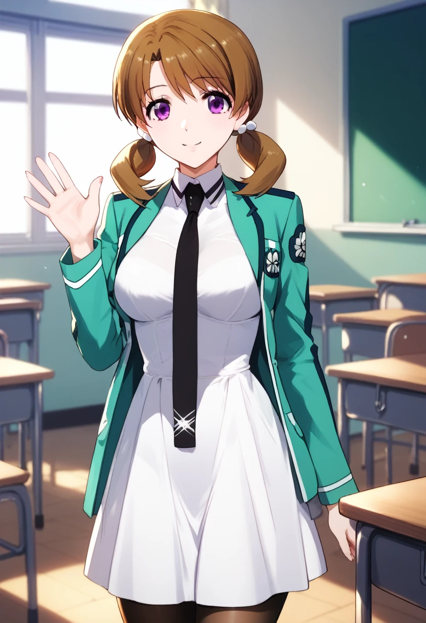 (masterpiece), (Best quality), (Very detailed), (high resolution), (8Khighres), (cel anime), (detailed beautiful face and eyes), (textile shading), (cowboy shot), (classroom), (soro), honoka mitsui, bangs, brown hair, twintails, purple eyes, low twintails, long sleeves, dress, school uniform, pantyhose, necktie, white dress, black necktie, beautiful breasts, walking, smile, waving, from side,,