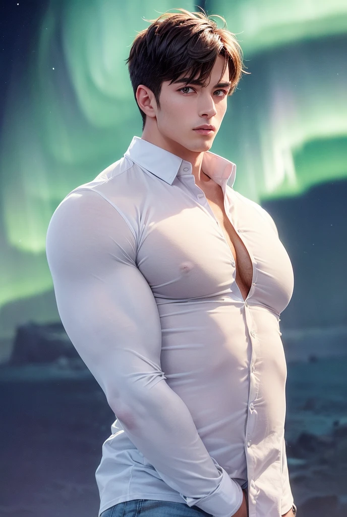 A muscular Korean man is in a wonderland, 20yo, Lleva un rico blanco como la nieve (capa de piel en hombros y espalda) con una pila muy larga, bajo el cual se ve su cuerpo extremadamente musculoso, The emphasis is on the male body. Sobre su cabeza hay un halo rodeado por una nube blanca y una luz sagrada dorada, (Its body is adorned with gold chains with precious stones, Anillos para los dedos), (A heavy belt with a band of gold underwear with sparkling gemstones). entrepierna voluptuosa. Tiene el pelo corto y negro con las sienes afeitadas y grandes ojos verdes expresivos. Un reloj marca a lo lejos. This scene looks like something out of the realm of fantasy or legend seen from above