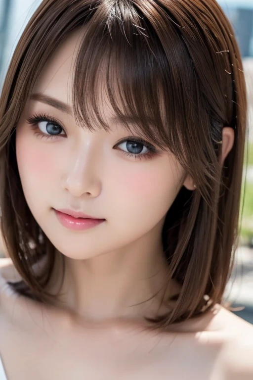 (Tabletop:1.4, Photorealistic:1.4, 8k), Please redeem, masterpiece, Ultra-high resolution, Perfect Dynamic Configuration, Big Face、Round face、((Light brown hair:1.4))、Detailed skin and face textures:1.3, Limb details, Cute and sexy 30 year old, (Sunburned skin:1.2), ((It will totally charm you:0.9)),(Clevis, Medium breast), (Look away、Beautiful Eyes, Black Eyes, Beautiful erotic eyes:0.85), Sexy Face:0.4, (Mouth closed、Small Mouth、Thick lips、A taste of beautiful eroticism:0.85), ((So cute beauty:0.9))、Natural Makeup, Taken from above,  Look Up