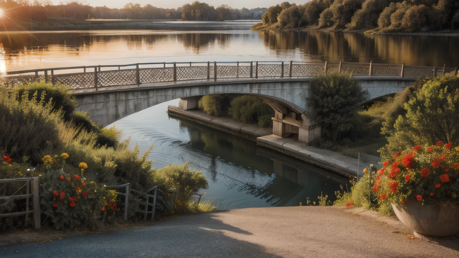 arc long red  bridge whit flowers and birds, fantástic scnenary, blue big lake  with reflex in the golden hour, palmers, 