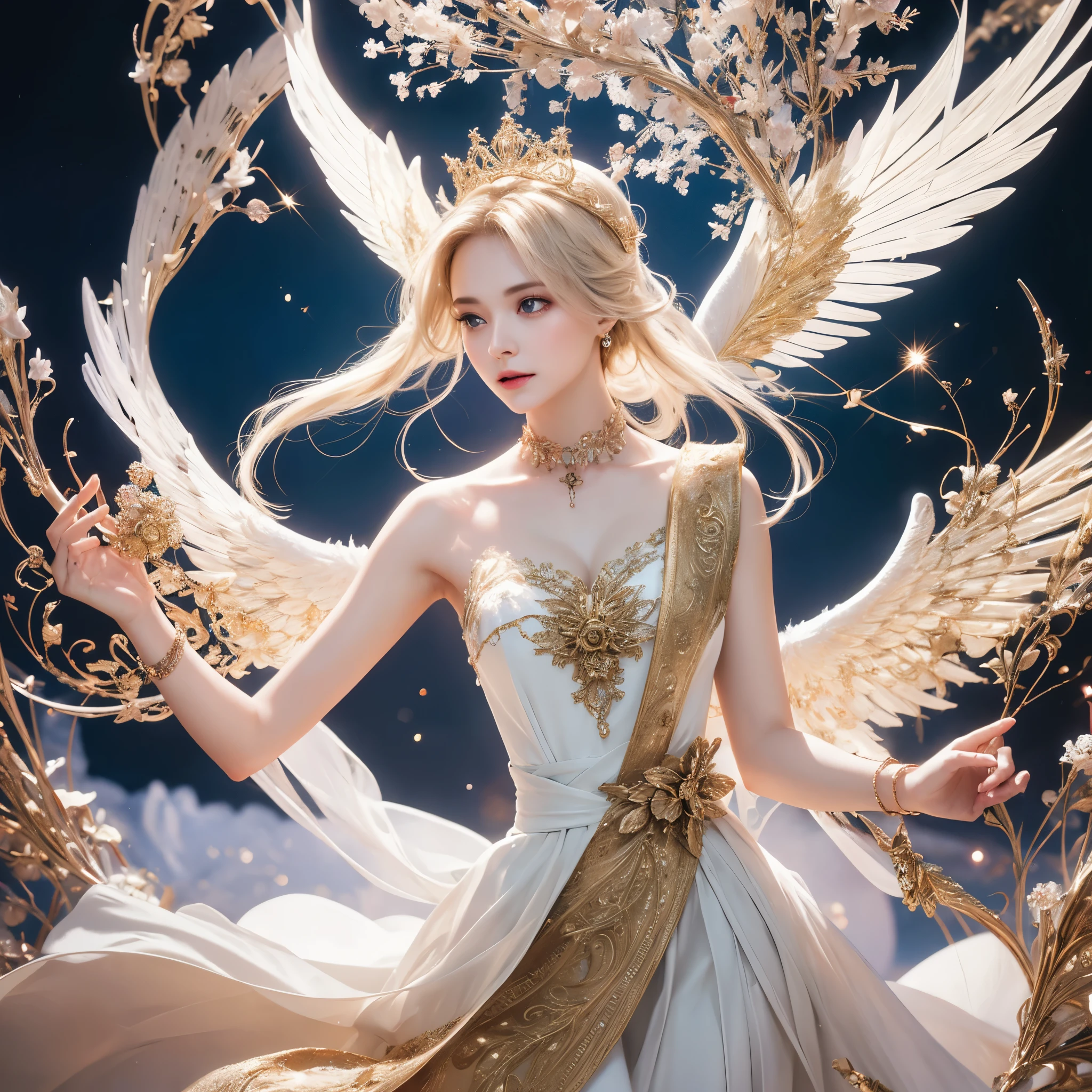 High quality photo, A beautiful young korean girl, angelic, descending from heaven, elegant and graceful, wearing a glittering full-length dress, slim and gorgeous figure, cinematic lighting, highly detailed, photorealistic, 8K, masterpiece