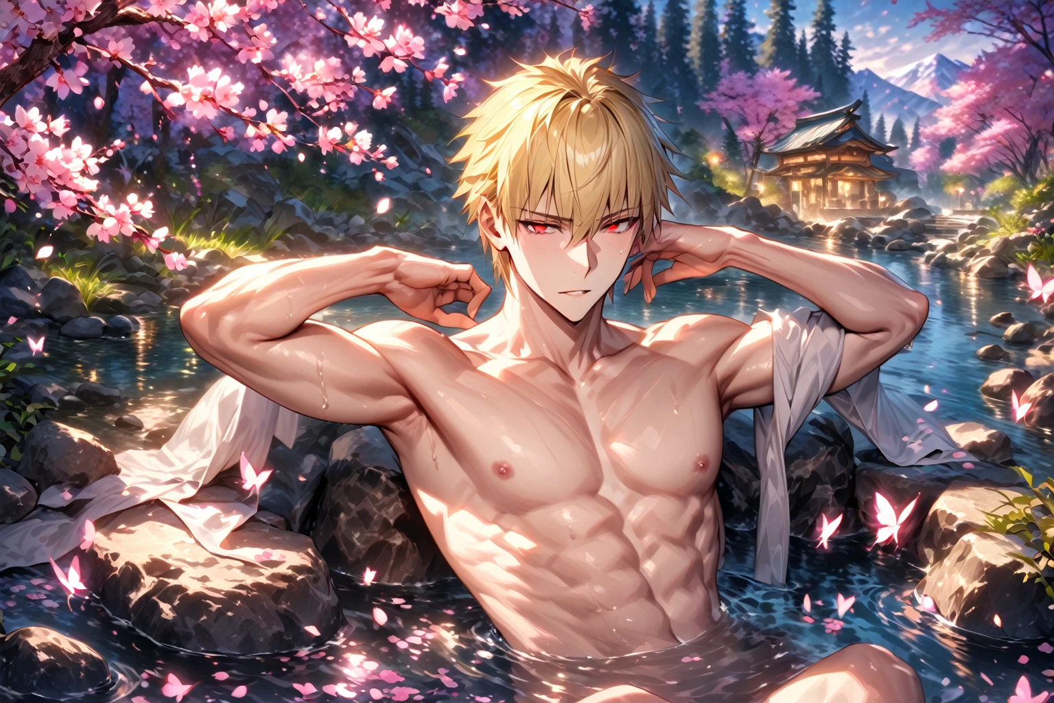 (absurd, highres, ultra detailed, HDR), masterpiece, best quality, perfect face, delicate features, vivid green eyes, solo, male, handsome, detailed face, Taishakuten, ash blonde hair, hair between eyes, chest, lotus earrings, onmyoji , pink petals, pink butterflies, sitting by the lake, looking at the water, perfect anatomy, athletic, light muscles, naked, beautiful penis, masturbating,