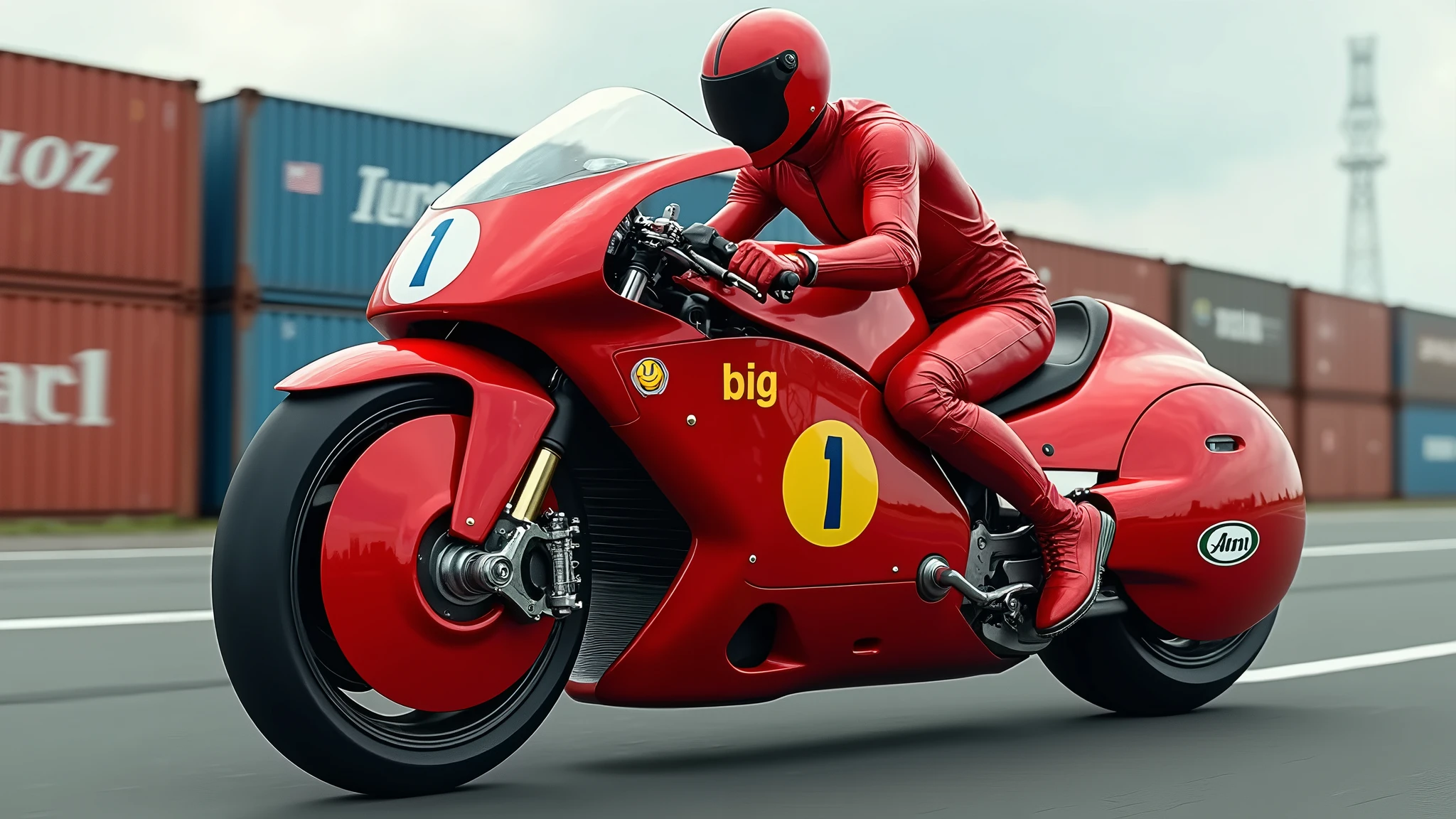 Create a highly detailed image of Kaneda’s iconic red motorcycle from Akira, capturing its futuristic and streamlined design. The bike should have a glossy red finish with smooth, flowing curves that give it a sleek and aerodynamic look. The front wheel is entirely enclosed in a red disc-like cover, emphasizing the futuristic, almost hovering appearance. The back wheel is similarly enclosed, blending seamlessly with the body, adding to its clean, minimalistic aesthetic. The bike features several prominent decals, including a large 'Big 1' sticker in yellow and blue, a smiley face sticker, and the recognizable 'Arai' and 'Canon' logos, further enhancing its iconic look.

The rider should be dressed in a bright red, form-fitting suit and helmet, matching the color of the bike for a cohesive and striking visual impact. The cockpit is designed with a tinted, transparent windscreen that smoothly integrates with the body of the motorcycle, providing a futuristic touch. The motorcycle’s body has metallic components visible beneath the glossy surface, along with subtle glowing lights, giving it a high-tech feel.

The setting could include a modern industrial background, with shipping containers and warehouses to mirror the environment in the image, conveying a sense of motion as the bike speeds down an open road. The sense of speed should be emphasized by the posture of the rider and the slight blur of the background, while the foreground remains crisp to showcase the bike’s intricate details. This depiction should evoke the raw energy and cyberpunk style of Akira, focusing on the unique, futuristic aesthetic of the motorcycle.