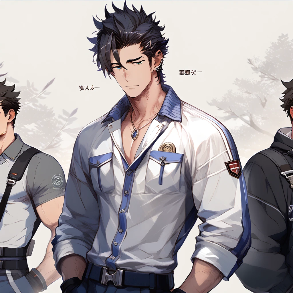 score_9, score_8_up, score_7_up, score_6_up, rating explicit, focus male, source anime, man, Humanoid, mechanic suit, robot boy, messy hair, hard look, dark eyeliner, gothic style, stylish, tired expression, dingy, piercing, jewelry, cowboy shot, amazing quality, best aesthetic, game cg, official art, wallpaper, absurdres, high-res, yoisyo, concept art 