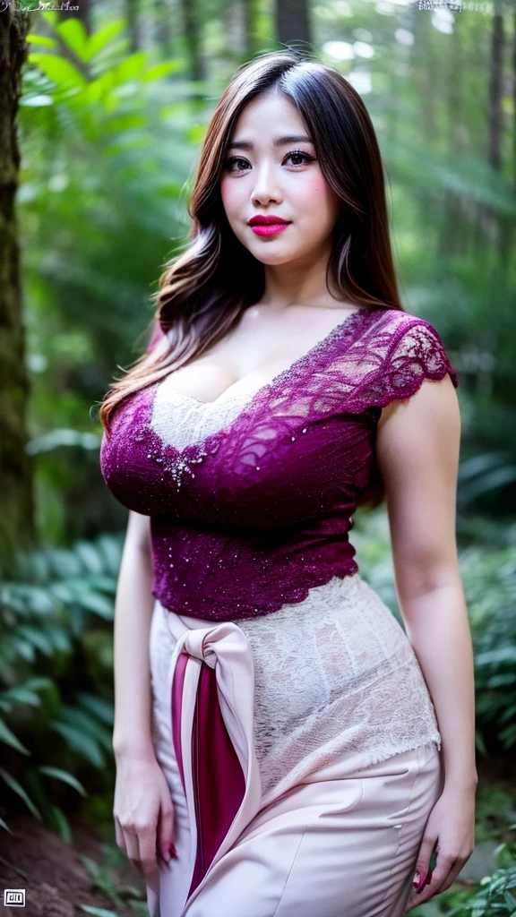 Create a photorealistic masterpiece of a beautiful, big breasts, plump body, chubby, moaning deliciousness face, woman with long hair wearing traditional Indonesian kebaya attire with no pants. Set her against a dark, forest backdrop with a captivating glow in the background and bokeh effect. Ensure the image quality is 8K with ultra-realistic details.,kebaya,kebaya indonesia with no pants 