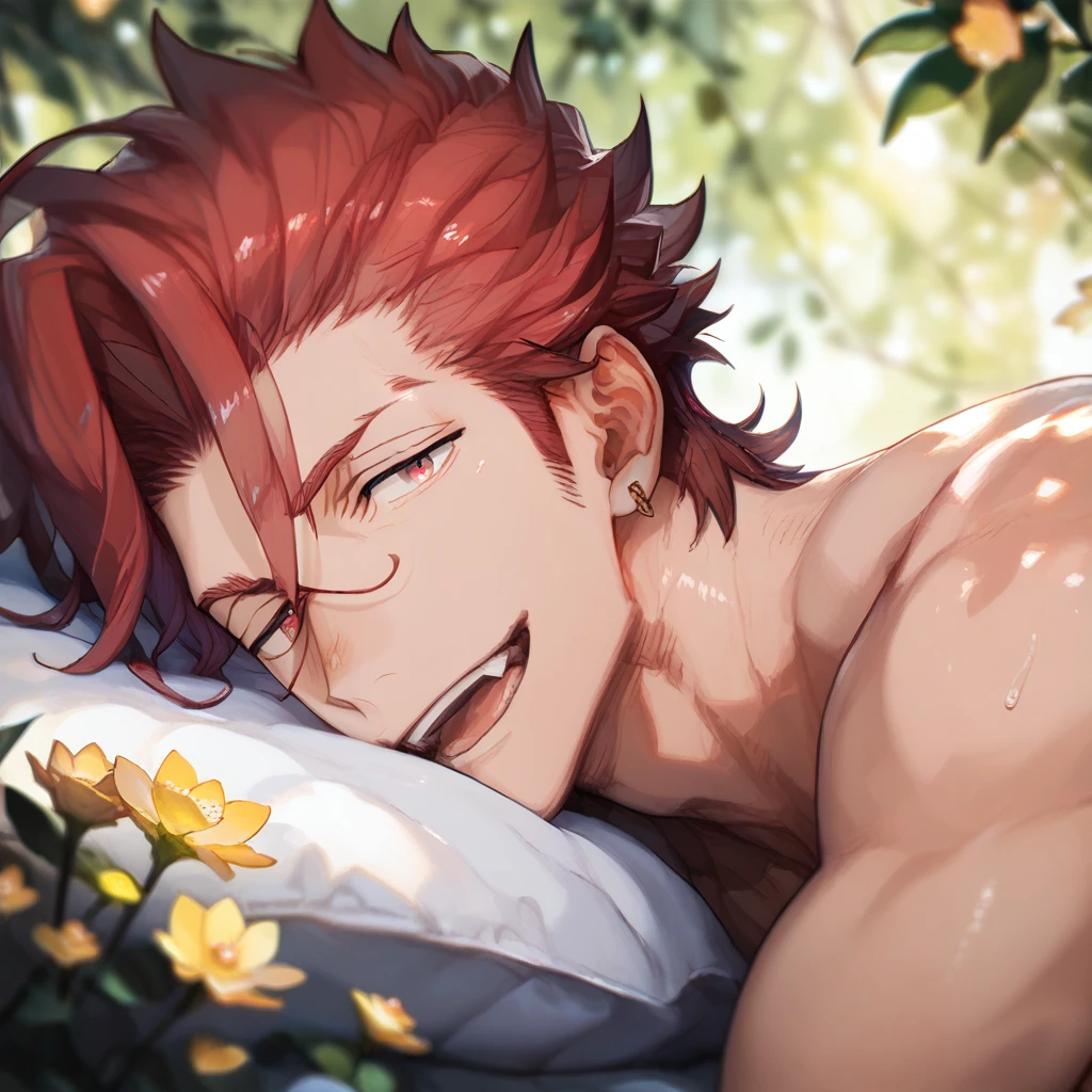 score_9, score_8_up, score_7_up, score_6_up, rating explicit, focus male, source anime, male, purple humanoid, body detail, hot red underwear with flowers, oiled body, pretty face, amazing quality, best aesthetic, game cg, official art, wallpaper, absurdres, high-res, yoisyo, concept art 