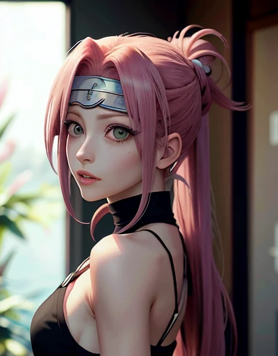 (Realistic:1.9),(Raw photo:1.9), (Photorealistic:1.3),(Overflowing big breasts:1.21、8K high image quality、Alkanebi,  Female face, ((Both 5mm moles under the eyes))、unreal engine character art, Portrait、Faithfully reproduced、((Sword with a red heart symbol on the hilt of the Japan))、Pink 7:yellow hair with two tips,,,,,,,,、(the tips of the bangs are yellow)、Kanrojimitsuri