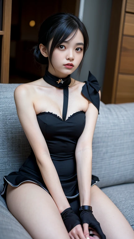 best quality, masterpiece, super high resolution, (realistic:1.4), original photo, 1girl, black bow, black gloves, black stockings, blue eyes, blue hair, bow, collarbone, dress, drilled hair, frilled dress, frilled trim, gwen \ (League of Legends\), hair accessory, high resolution, long hair, parted lips, bare, pink pupils, lying on sofa, smile, (bent over: 0.8), butt, hands, turn your head to look at the camera, support your head with your hands, smile, (White teeth exposed)