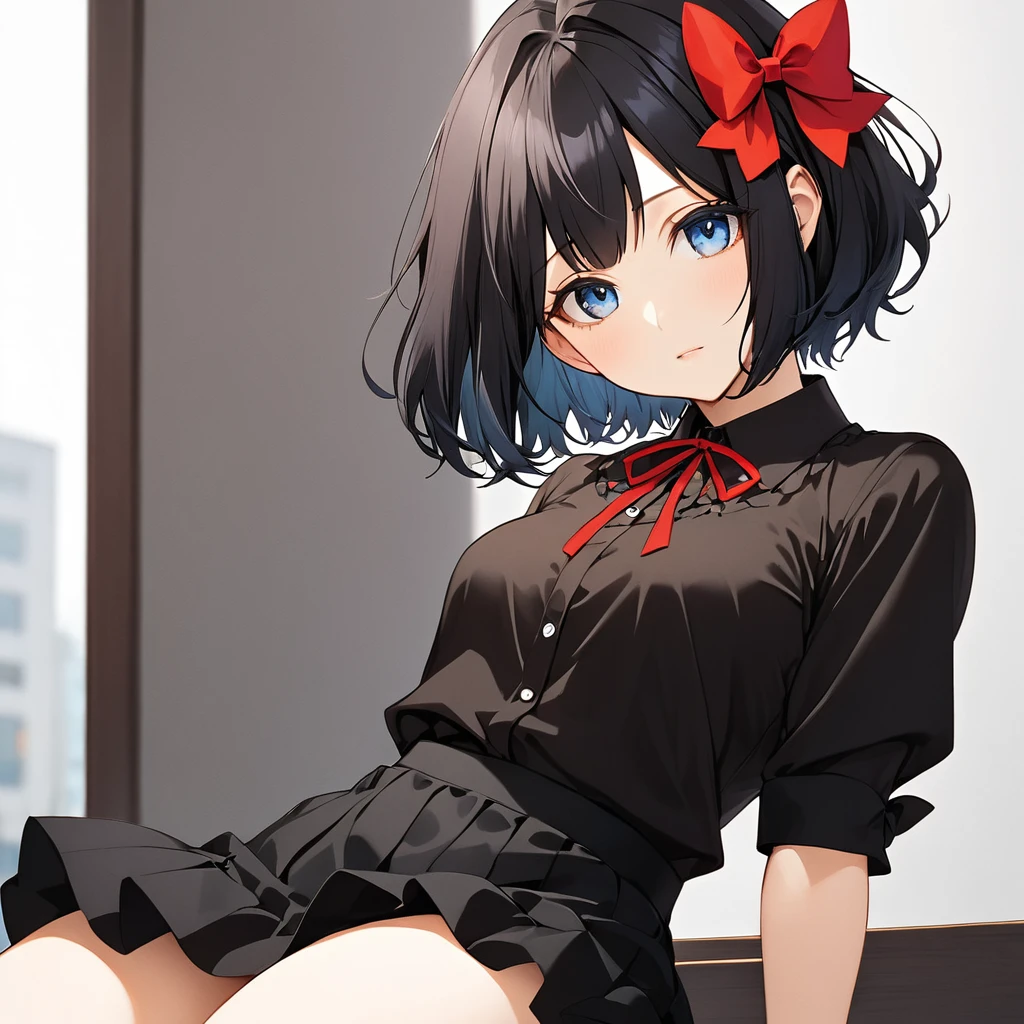  1girl, Tino, black hair, short hair, two hair bow, red bow, blue eyes, red ribbon, frilled black shirt, black skirt 