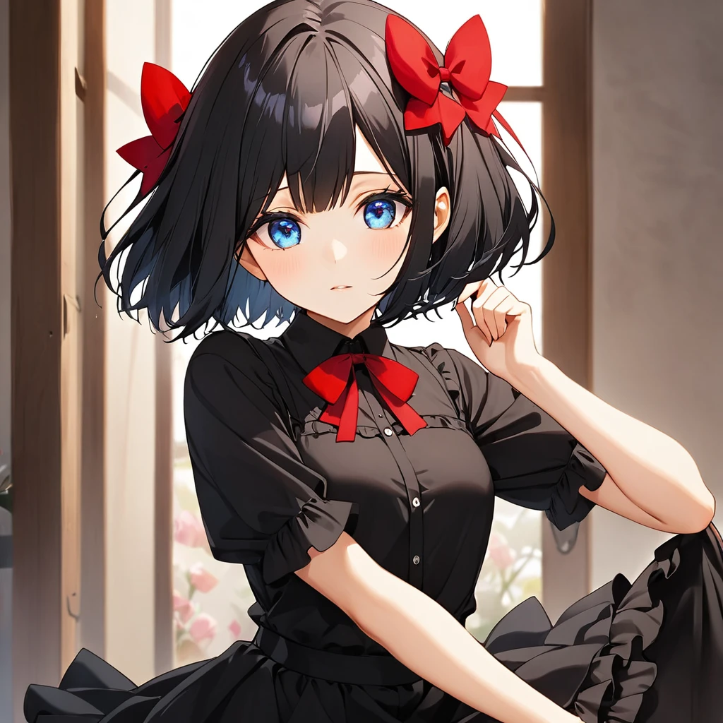  1girl, Tino, black hair, short hair, two hair bow, red bow, blue eyes, red ribbon, frilled black shirt, black skirt 