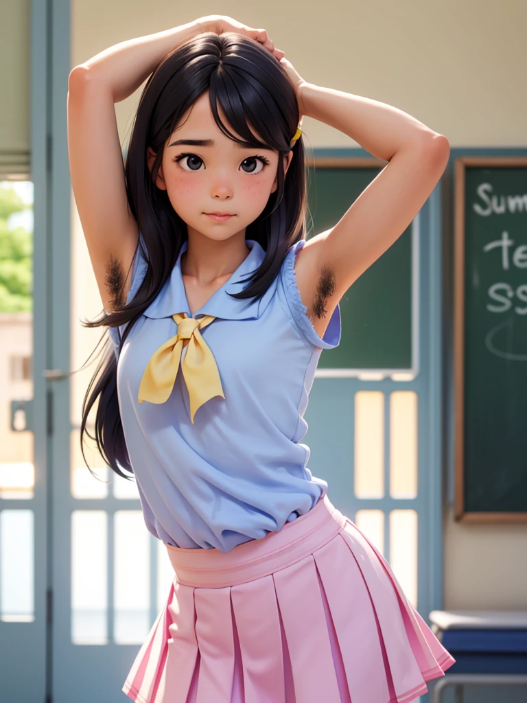 wonderful summer school , (soft focus ,  Shallow focus , soft light) , woman , school summer uniform , childish hair tie , armpit hair , Pigmented armpits , (Pubic hair sticking out)