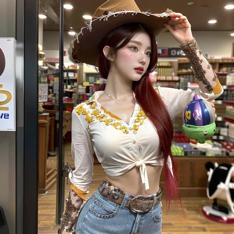 arafed woman with red hair and a cowboy hat in a store, cowgirl, toy story style, western cowgirl, cow-girl, realistic artstyle, realistic anime 3 d style, highly detailed full body, beautiful cowboy witch, high detailed store, 8k high quality detailed art, photorealistic disney, deviantart artstation cgscosiety, 3d character realisticskydoll noa, artdoll, pale milky white porcelain skin, dollfie dream, anime barbie doll, detailed body and eyes, ball jointed doll, 🤤 girl portrait, hyper realistic aesthetic, small freckles, hyper realistic teenager, barbie doll, freckles!!!, detailed face, realistic, Físico : el abdomen más pequeño jamás visto, jisoo from blackpink, popular south korean makeup, quality detailed ,(beautiful makeup :1.2), Wide hips, big, big ass, (best quality, 8K, masterpiece: 1.3), Clear focus: 1.2, Perfect body beauty: 1.4, strong abs, Very detailed face and skin texture. , detailed eyes, double eyelids, (long hair), having very marked curves, with greater volume in ((hips and breasts)), which makes the waist look much smaller ((wasp waist))