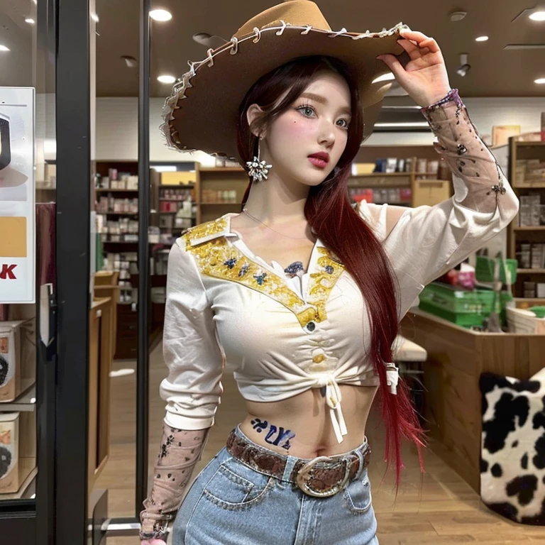 arafed woman with red hair and a cowboy hat in a store, cowgirl, toy story style, western cowgirl, cow-girl, realistic artstyle, realistic anime 3 d style, highly detailed full body, beautiful cowboy witch, high detailed store, 8k high quality detailed art, photorealistic disney, deviantart artstation cgscosiety, 3d character realisticskydoll noa, artdoll, pale milky white porcelain skin, dollfie dream, anime barbie doll, detailed body and eyes, ball jointed doll, 🤤 girl portrait, hyper realistic aesthetic, small freckles, hyper realistic teenager, barbie doll, freckles!!!, detailed face, realistic, Físico : el abdomen más pequeño jamás visto, jisoo from blackpink, popular south korean makeup, quality detailed ,(beautiful makeup :1.2), Wide hips, big, big ass, (best quality, 8K, masterpiece: 1.3), Clear focus: 1.2, Perfect body beauty: 1.4, strong abs, Very detailed face and skin texture. , detailed eyes, double eyelids, (long hair), having very marked curves, with greater volume in ((hips and breasts)), which makes the waist look much smaller ((wasp waist))