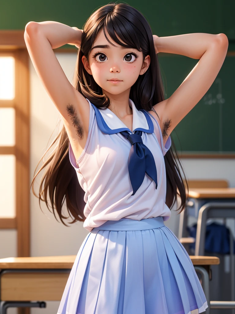 wonderful summer school , (soft focus ,  Shallow focus , soft light) , woman , school summer uniform , childish hair tie , armpit hair , Pigmented armpits , (Pubic hair sticking out)