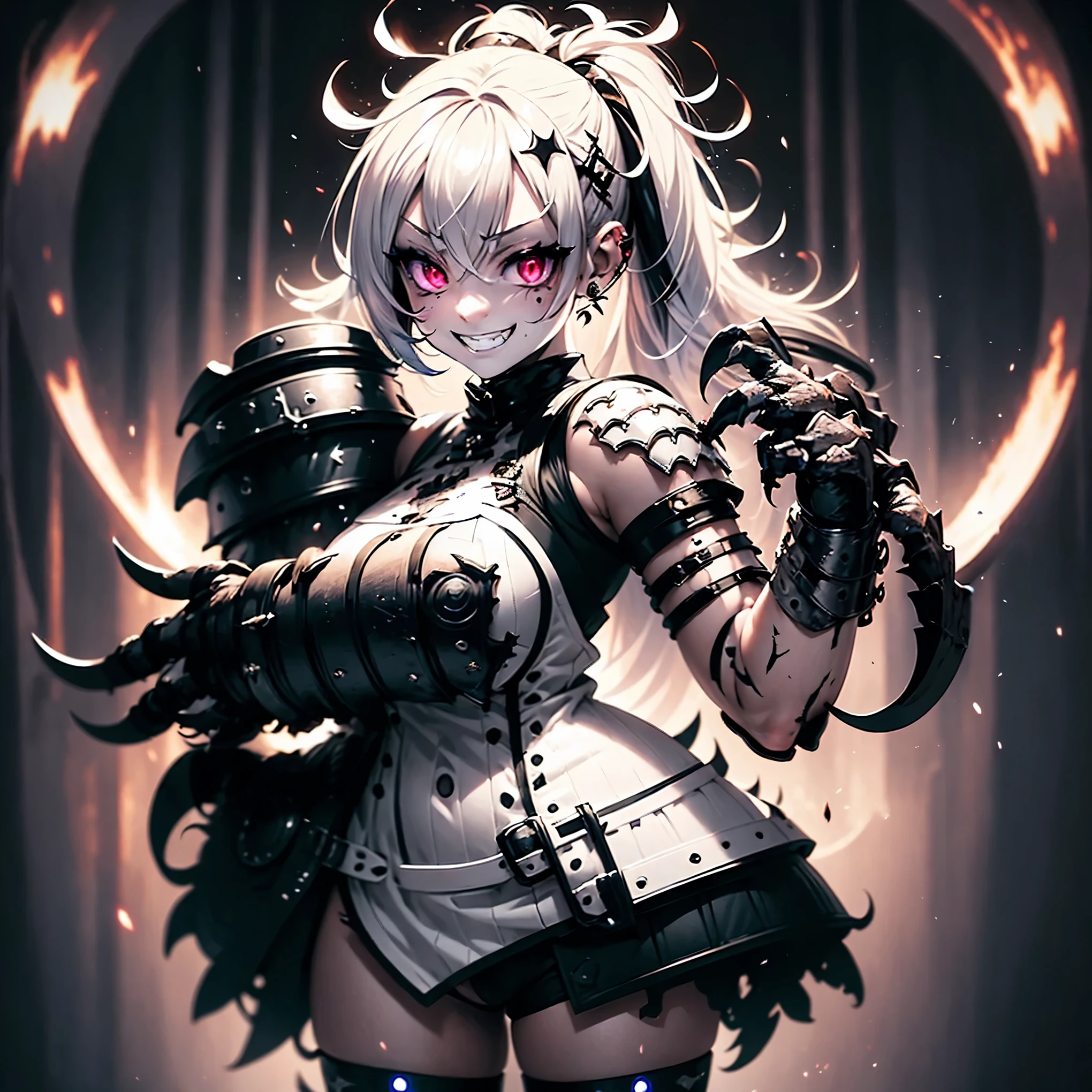 Gothic punk girl. White skin. White hair. Black clothes. Black light armor. Armor with mouth and tooth motifs. Glowing red eyes. Grinning. A large hand stretching out from behind. Aura eyes. Burning hair ornaments. Navel. Boots. Canon.