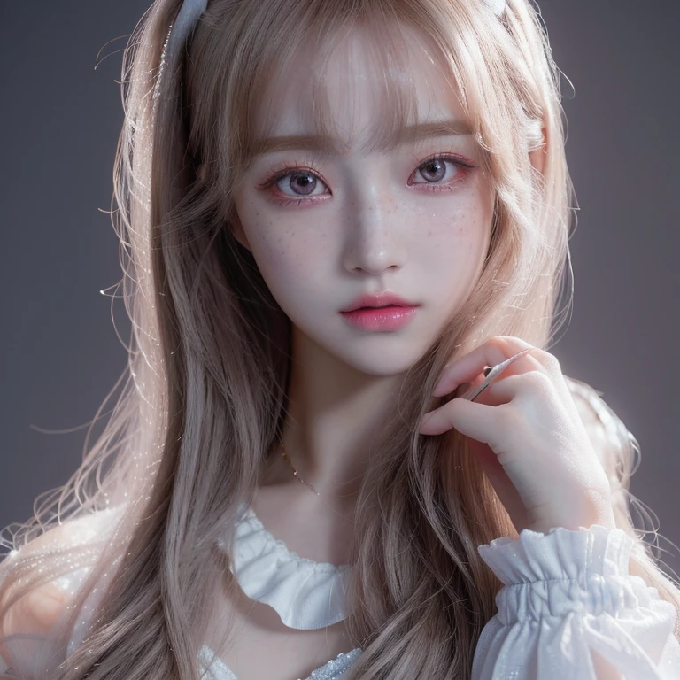 a close up of a girl with long hair wearing a tiable, 8k high quality detailed art, anime barbie in white, hyperdetailed fantasy character, cute detailed digital art, white skin and reflective eyes, detailed white long hair, artwork in the style of guweiz, detailed body and eyes, white detailed eyes, 3 d anime realistic, fantasy art styleskydoll noa, artdoll, pale milky white porcelain skin, dollfie dream, anime barbie doll, detailed body and eyes, ball jointed doll, 🤤 girl portrait, hyper realistic aesthetic, small freckles, hyper realistic teenager, barbie doll, freckles!!!, detailed face, realistic, Físico : el abdomen más pequeño jamás visto, jisoo from blackpink, popular south korean makeup, quality detailed ,(beautiful makeup :1.2),