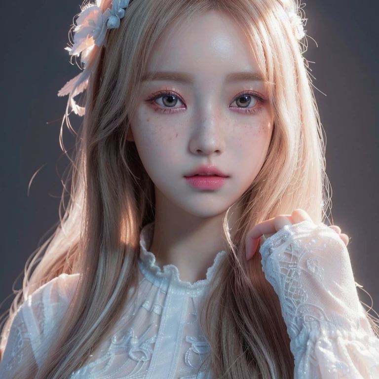 a close up of a girl with long hair wearing a tiable, 8k high quality detailed art, anime barbie in white, hyperdetailed fantasy character, cute detailed digital art, white skin and reflective eyes, detailed white long hair, artwork in the style of guweiz, detailed body and eyes, white detailed eyes, 3 d anime realistic, fantasy art styleskydoll noa, artdoll, pale milky white porcelain skin, dollfie dream, anime barbie doll, detailed body and eyes, ball jointed doll, 🤤 girl portrait, hyper realistic aesthetic, small freckles, hyper realistic teenager, barbie doll, freckles!!!, detailed face, realistic, Físico : el abdomen más pequeño jamás visto, jisoo from blackpink, popular south korean makeup, quality detailed ,(beautiful makeup :1.2),